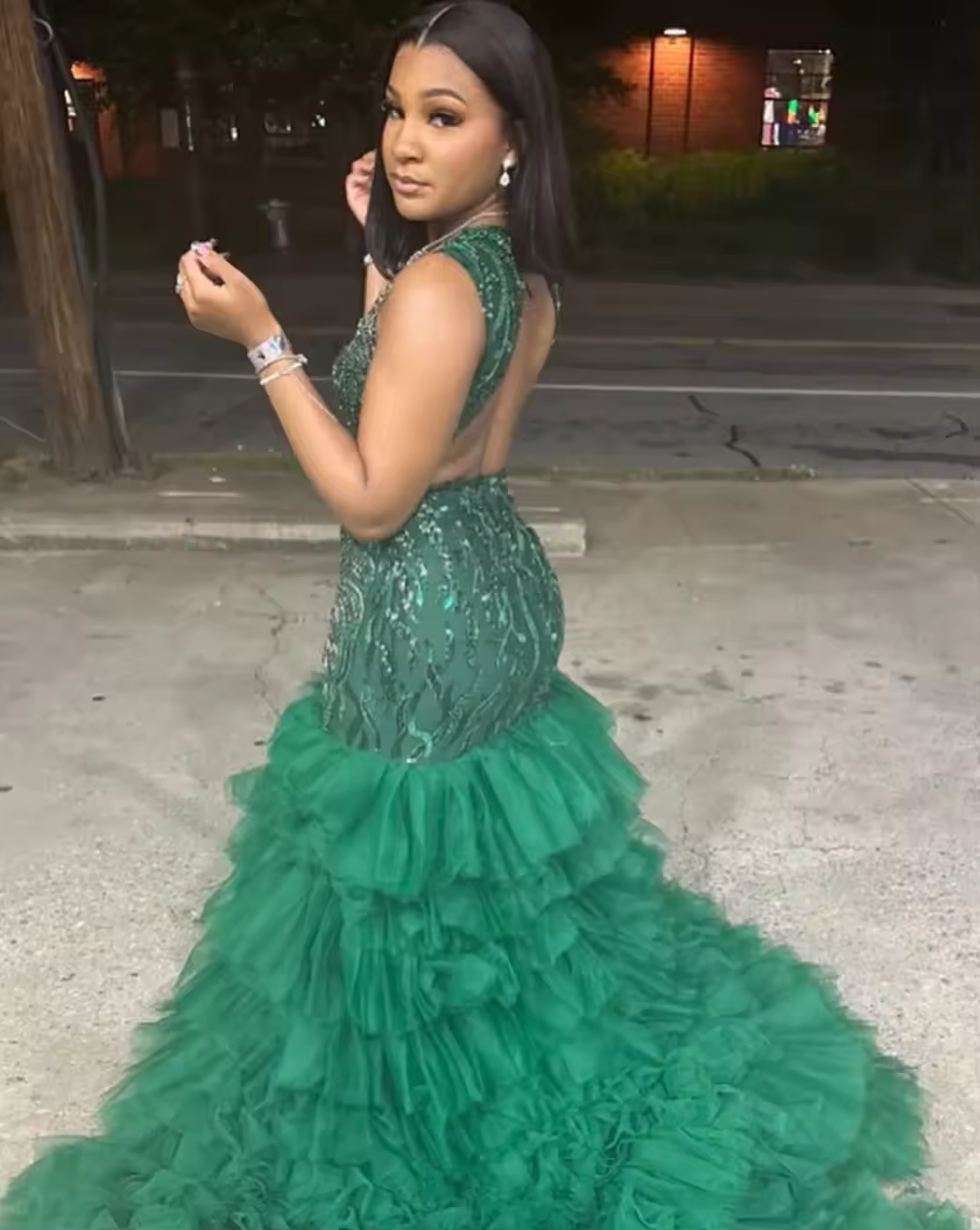 Emerald Green Crystal Ruffle Mermaid Prom Dresses Long for Arabic Women 2025 with Slit Glittler Tulle Formal Evening Gowns