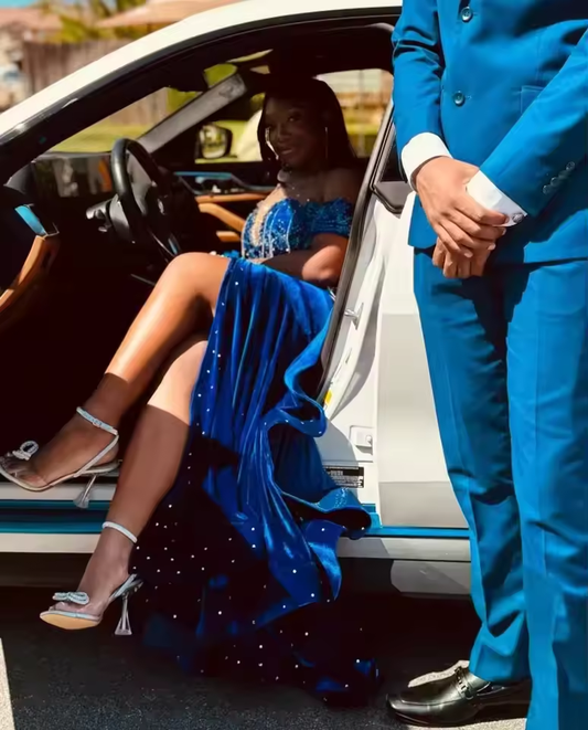 Royal Blue Long Velvet Prom Dresses For Black Girl Bead Crystal Rhinestone Evening Dress 2025 Birthday Luxury Dresses Customized