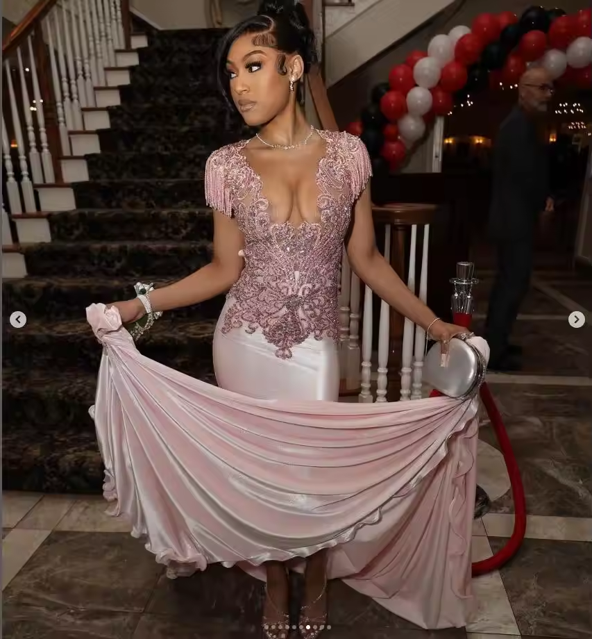 Peach Pink Mermaid Sparkly Prom Birthday Dresses Luxury Tassel Crystal Chapel Train Evening Ceremony Party Gown black girl