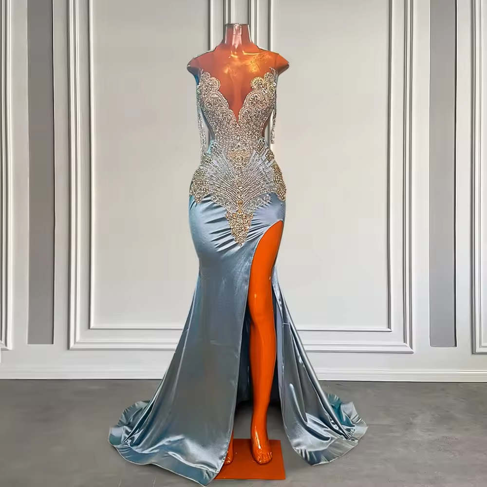 فستان حورية البحر أزرق فاتح بفتحة عالية للفتيات ذوات البشرة السمراء، مزين بأحجار الراين الكريستالية البراقة، أنيق وطويل، فساتين حفلات التخرج حسب الطلب