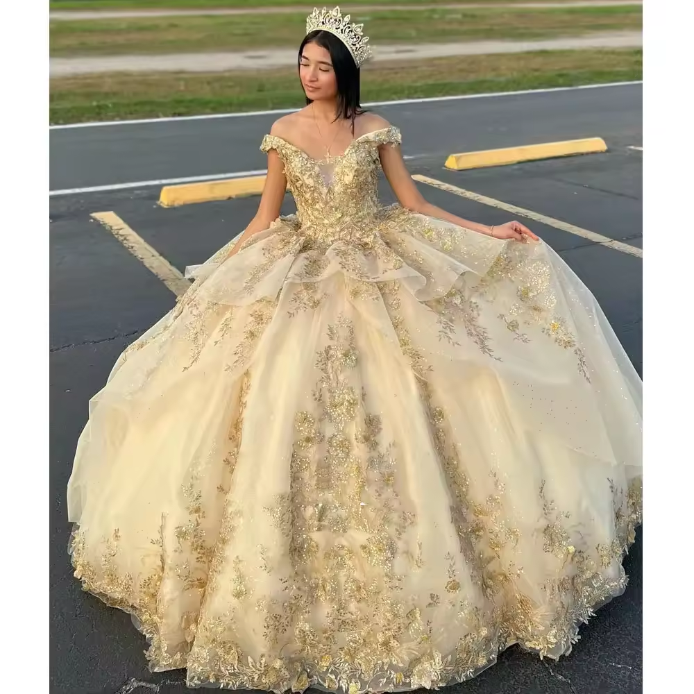 Ball Gown Princess Quinceanera Dresses Off The Shoulder Appliques Lace Corset Gold 3D Flowers Ruffles Vestidos Para XV Años