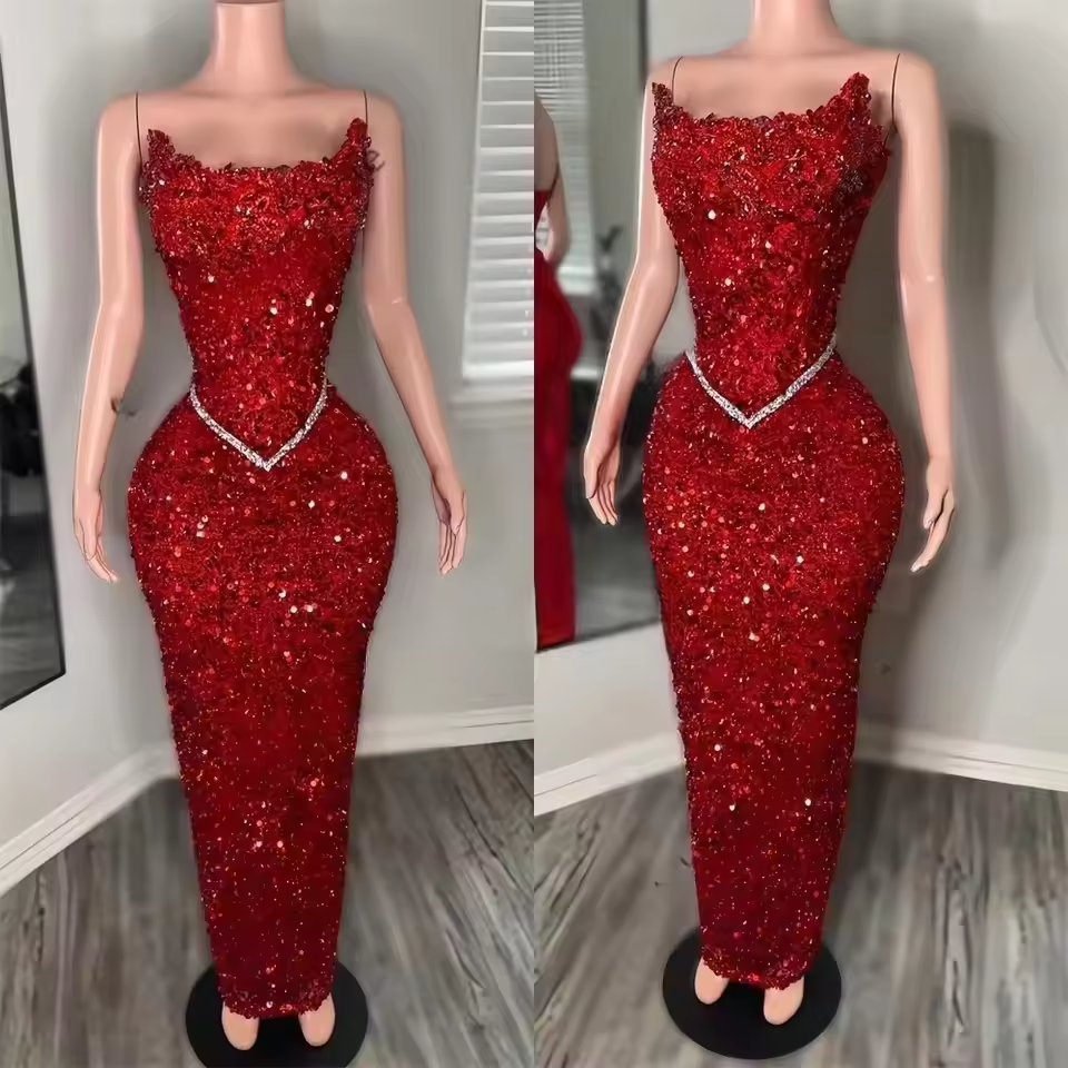 Glitter Strapless Red Sequins Long Prom Dresses Women 2025 Sexy Beaded Evening Party Dresses Vestidos Mermaid Formal Dress