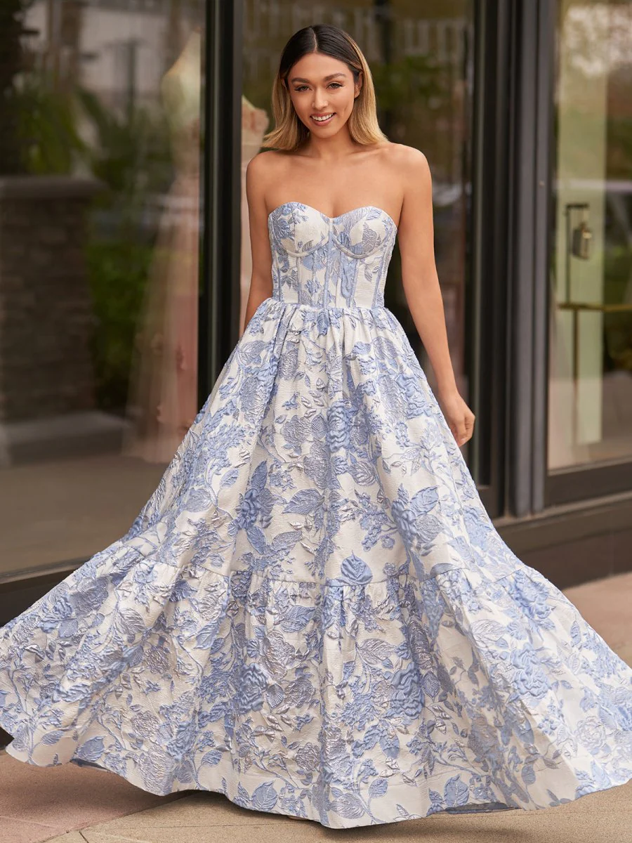 A-Line Sweetheart Floral Printed Long Prom Dresses