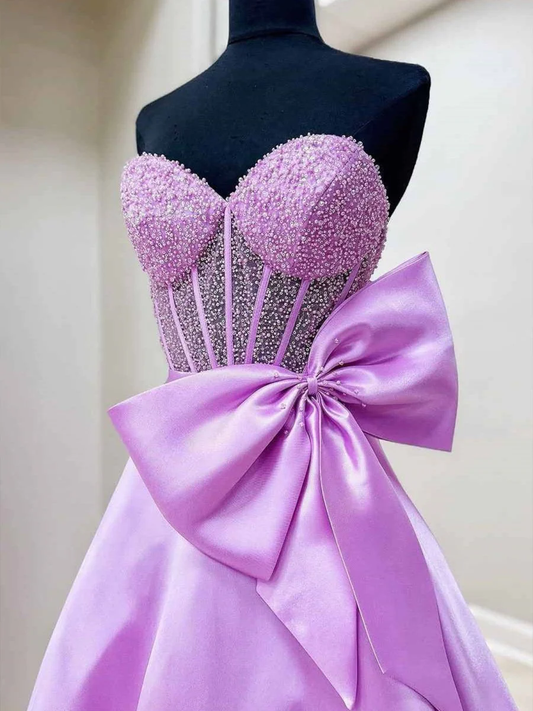 A-Line Sweetheart Lilac Beaded Long Prom Dresses With Bow