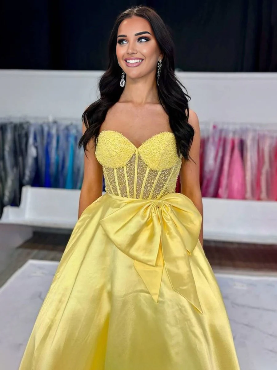 A-Line Sweetheart Lilac Beaded Long Prom Dresses With Bow