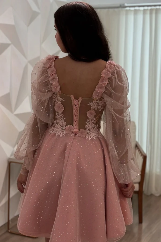 A-Line Sweetheart Neck Long Lantern Sleeves Appliques Homecoming Dress