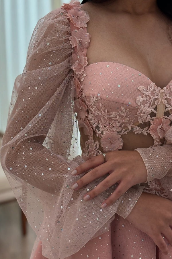 A-Line Sweetheart Neck Long Lantern Sleeves Appliques Homecoming Dress