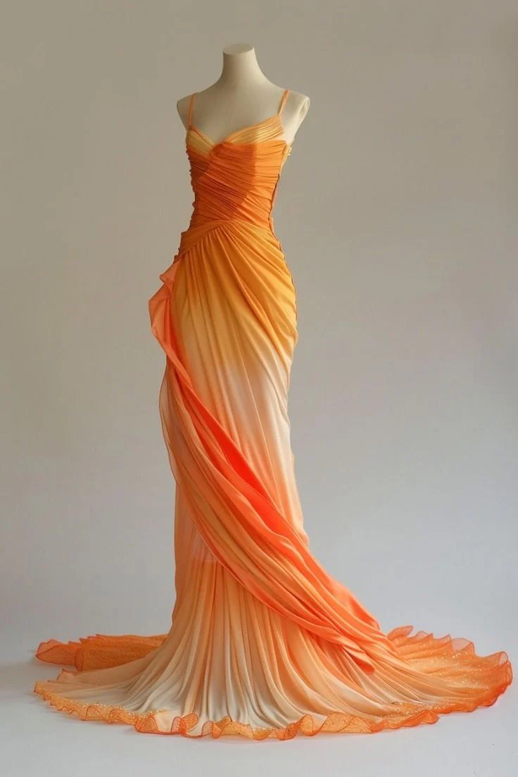 A line Spaghetti Straps Orange Ombre Chiffon Long Evening Dress Prom Dresses