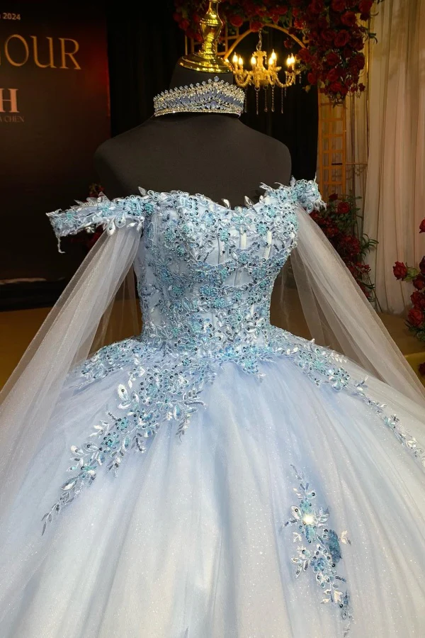 Ball Gown Off Shoulder Sleeveless Fully Sequins Beaded Appliques Baby Blue Tulle Quinceanera Dress Evening Formal Gown Birthday Party Dress for Sweet 16