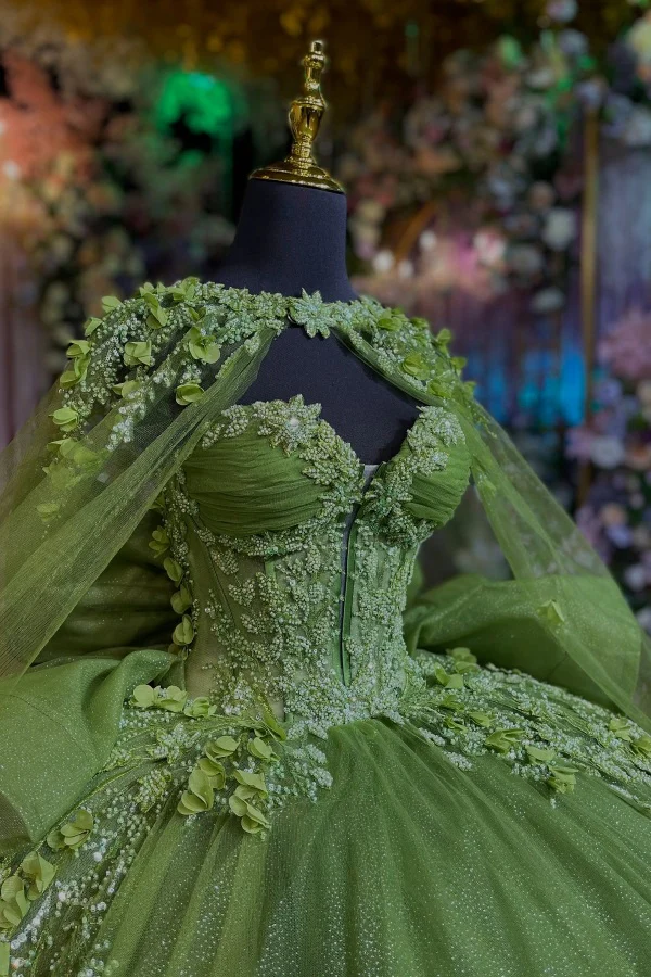Ball Gown Strapless Sleeveless Pleated Fully Beaded Appliques Shawl Bow Knot Sage Green Tulle Quinceanera Dress Birthday Party Dress for Sweet 16 Evening Formal Gown
