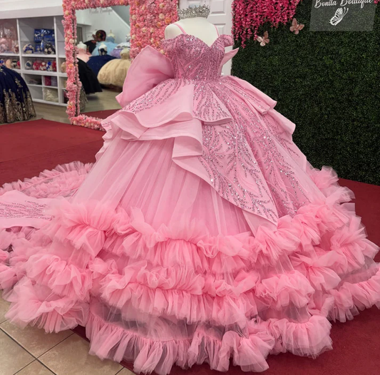 Ball Gown Tulle Lace Beaded Ruffles Pink Quinceanera Dresses for Sweet 16