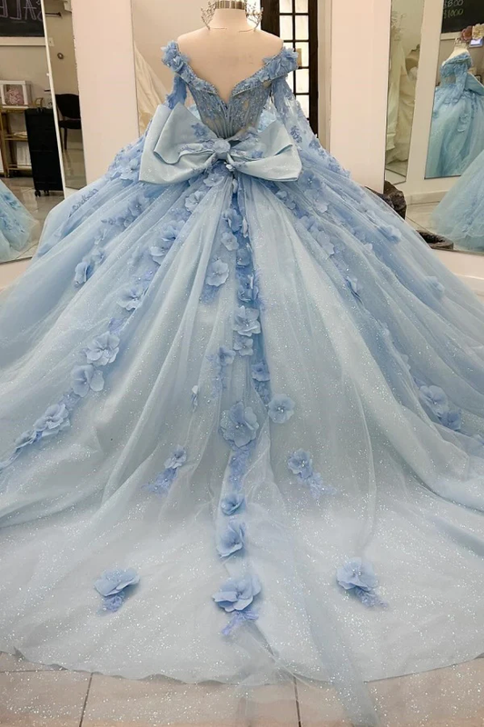 Ball Gown V Neck Detachable Long Sleeves Pleated Beaded 3D Flowers Appliques Sparkly Baby Blue Tulle Quinceanera Dress Birthday Party Dress Evening Formal Gown for Sweet 16