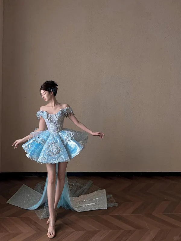 Blue A Line Off the Shoulder Exquisite Beaded Sequin Short Homecoming Dress