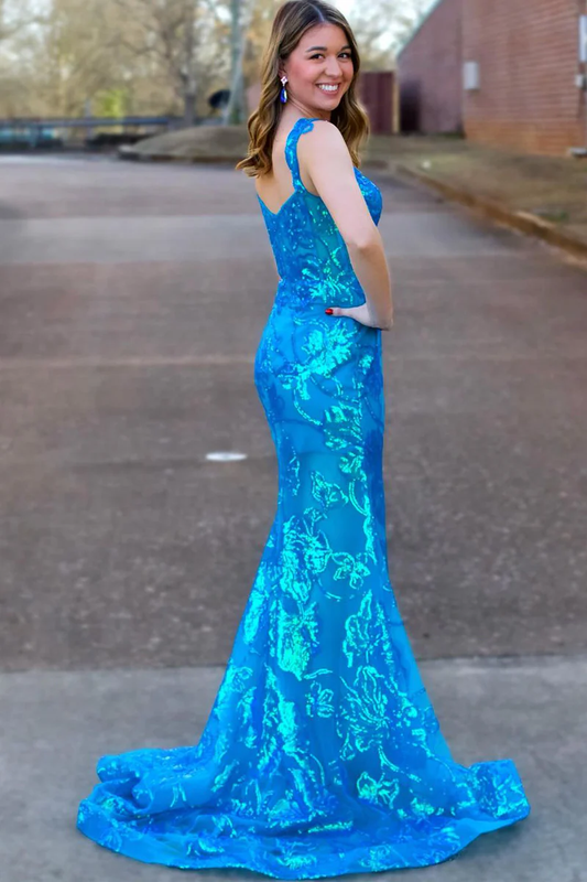Blue Sequins Lace Mermaid Long Prom Dress with Slit