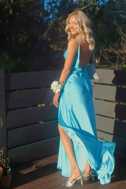Blue Spaghetti Straps Cowl Neck Slit Dress