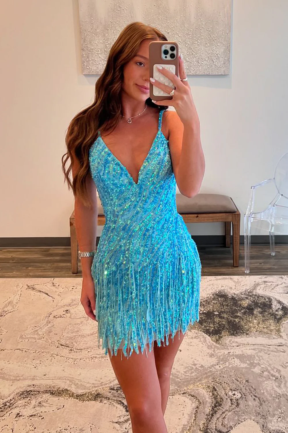 Bodycon V Neck Blue Sequins Tight Short Homecoming Dresses