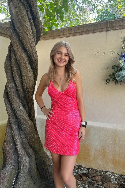 Bodycon V Neck Pink Sequins Tight Short Homecoming Dresses