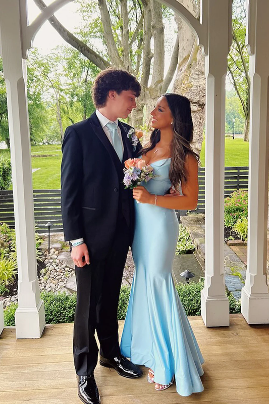 Charming Mermaid V Neck Light Blue Elastic Satin Long Prom Gown