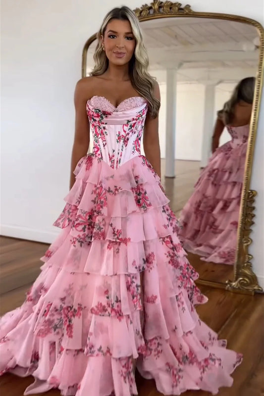 Sweet A Line Sweetheart Floral Printed Chiffon Tiered Prom Dresses with Slit