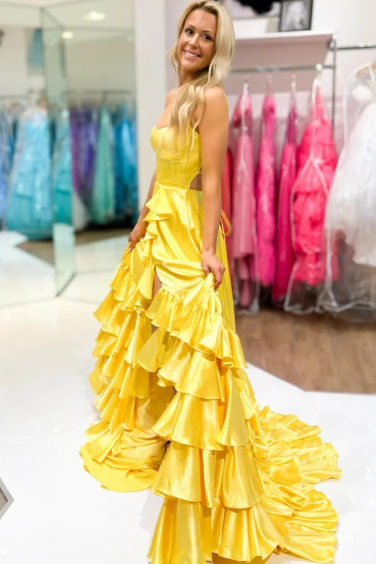 Chic A-Line Boat Neck Spaghetti Straps Sleeveless Ruffles Tiered High Side Slit and Train Prom Party Dress Evening Gown Cocktail Dress