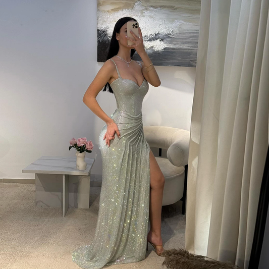 Classic Sliver Tulle Spaghetti Strap Prom Dress Women Graduation Birthday Party Dress