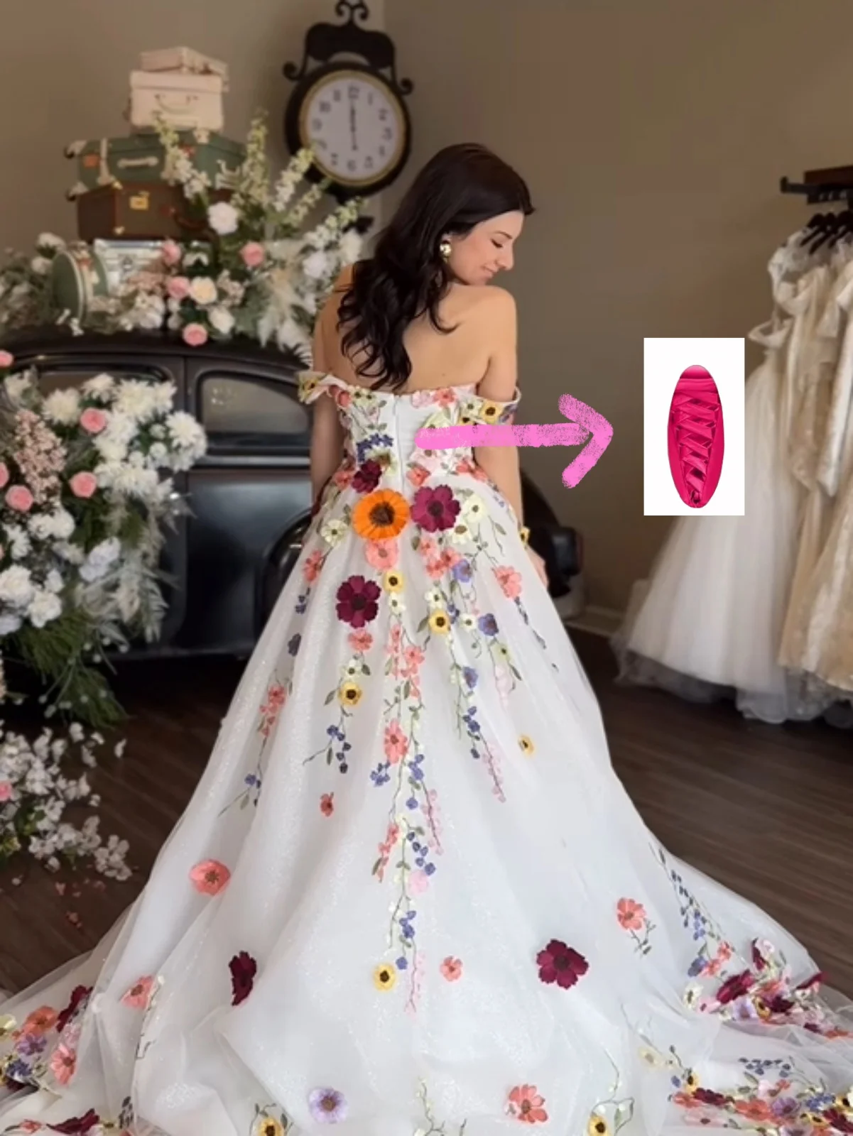 Colorful Floral Embroidered Wedding Dress Dreamy 3D Floral Princess Prom Dresses Off Shoulder A-Line Tulle Bridal Gowns