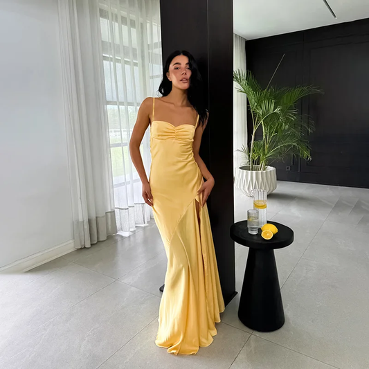 Customized Prom Dress Elegant Yellow Satin Prom Dress High Slit Evening Gown Backless Formal Dress