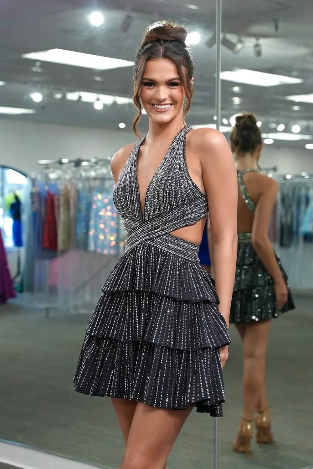 Cute A Line V Neck Hot Stone Black Satin Short Homecoming Dress