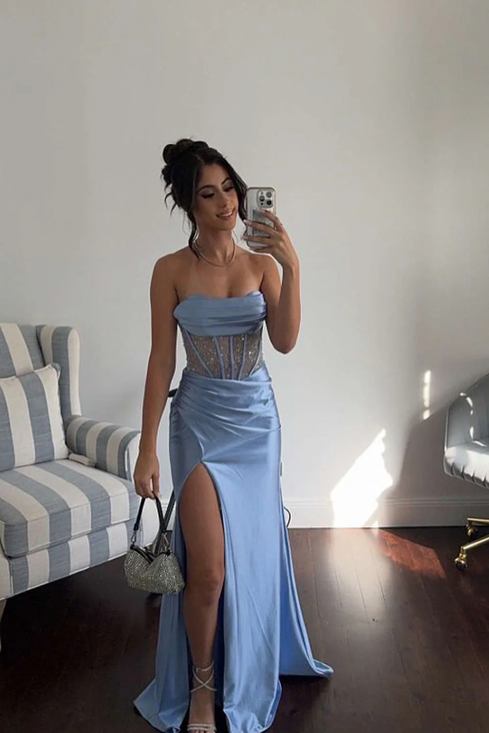 Cute Mermaid Cowl Neck Light Blue Satin Slit Prom Dresses