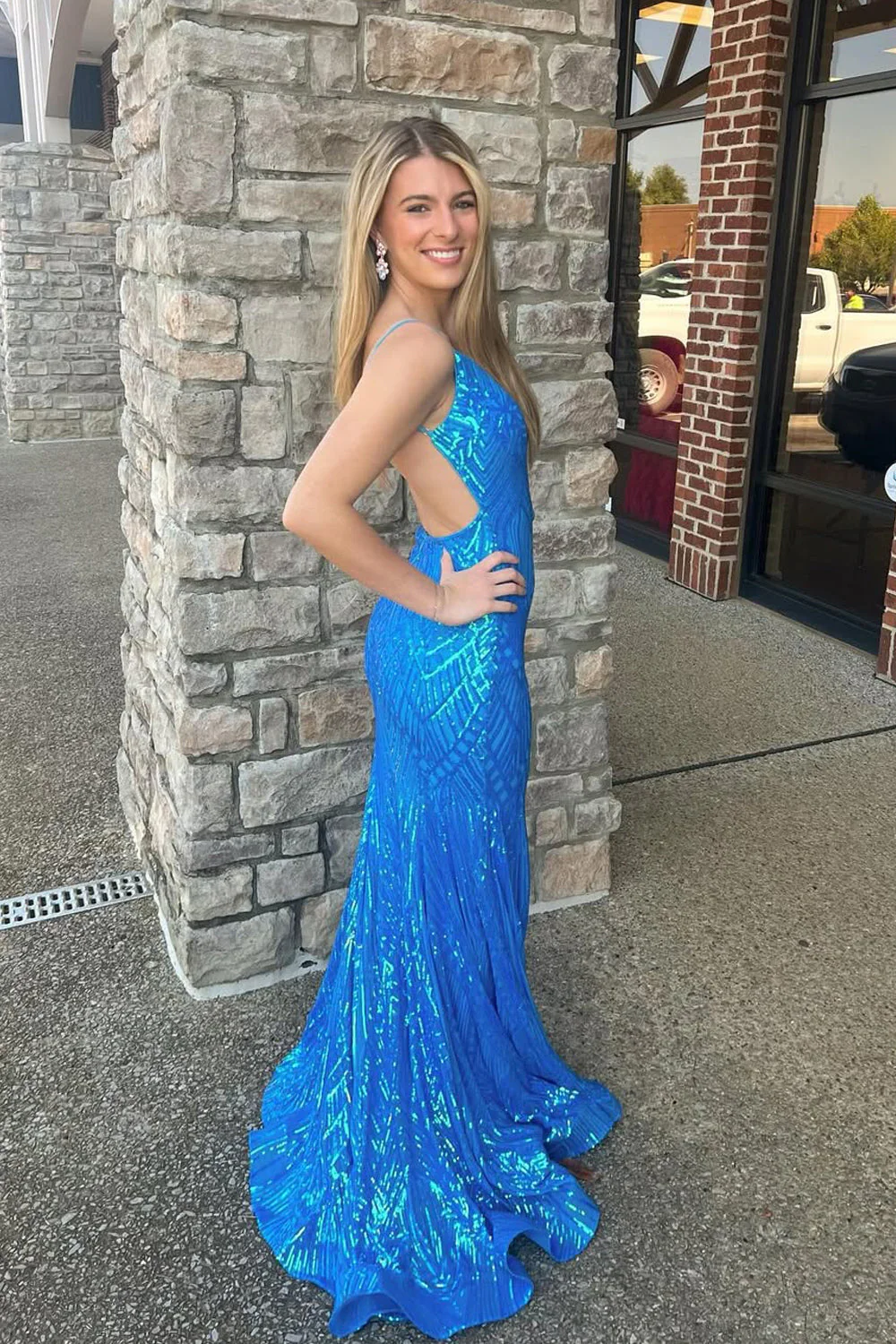 Cute Mermaid V Neck Blue Sequins Lace Slit Prom Dress