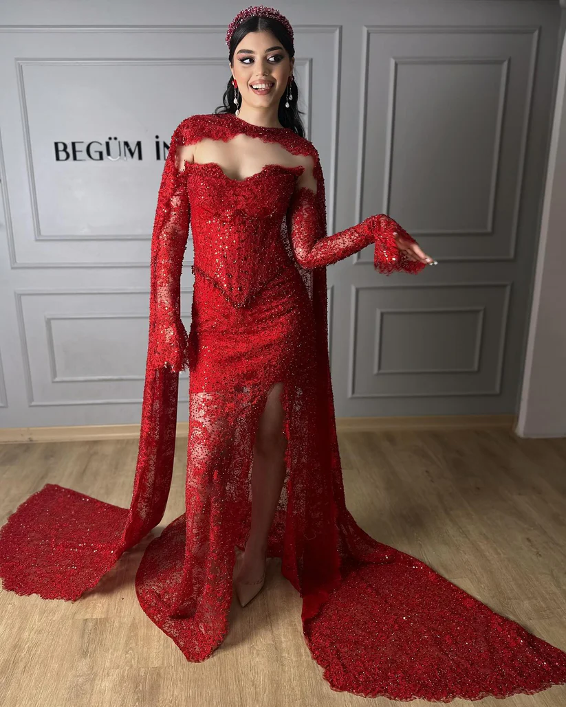 Elegant Lace Shawl Floor-Length Detachable Long Sleeve Mermaid Prom Dress