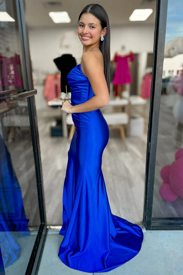 Elegant Strapless Sleeveless Pleated Prom Party Dress High Side Slit and Train Open Back Evening Gown Cocktail Dress Bridesmaid Dress