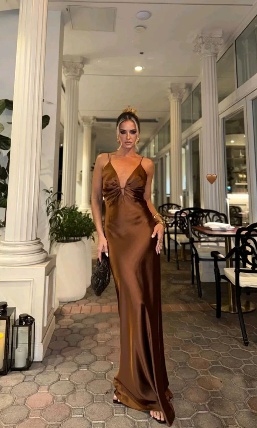Fashion Spaghetti Straps V Neck Brown Satin Long Prom Dress Wedding Guest Dress