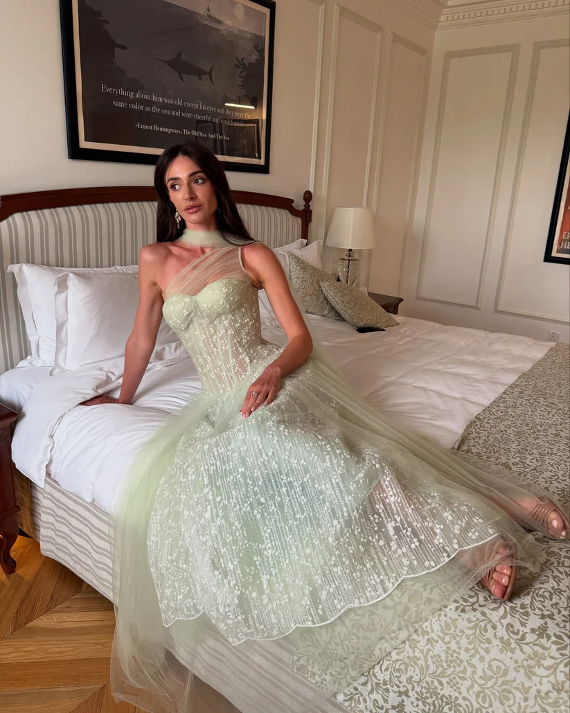 Fashion Tulle Green One Shoulder A-Line Lace Prom Dress