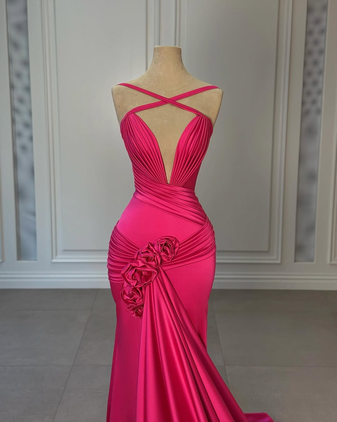 Fuchsia Halter Straps Deep V-Neck Pleated Mermaid Prom Dress With Flower
