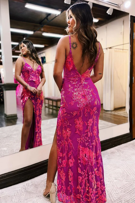Fuchsia Sequins Lace V Neck Mermaid Long Prom Dress with Slit