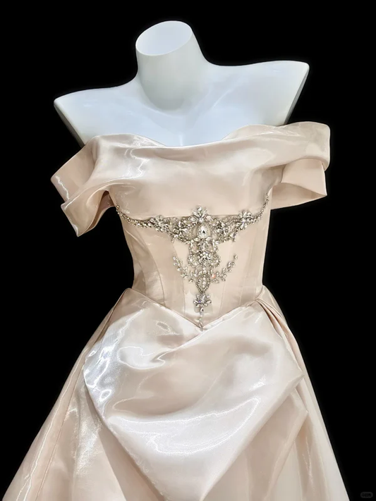 Gentle A Line Off the Shoulder Rhinestone Satin Long Prom Dress Evening Dress