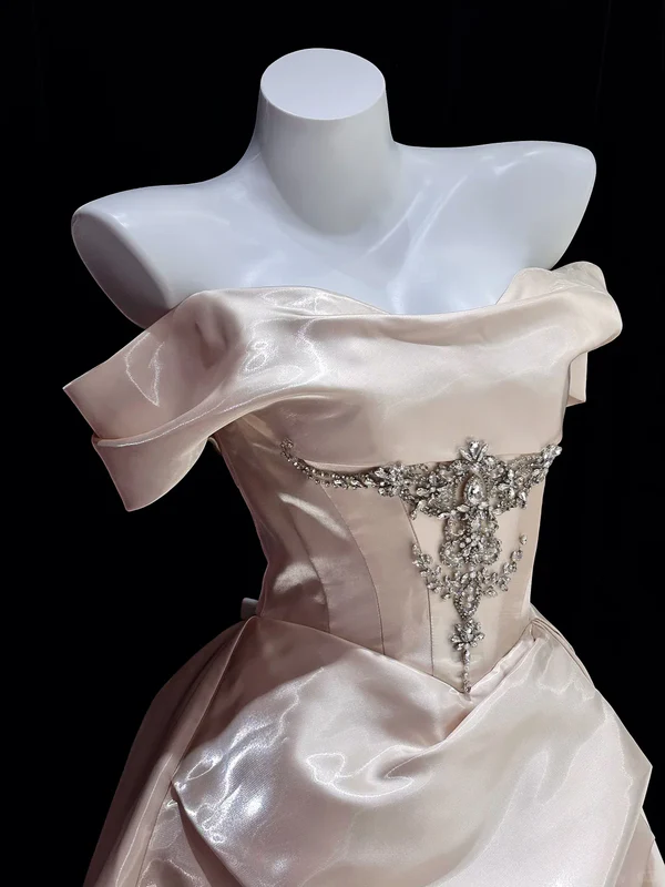 Gentle A Line Off the Shoulder Rhinestone Satin Long Prom Dress Evening Dress