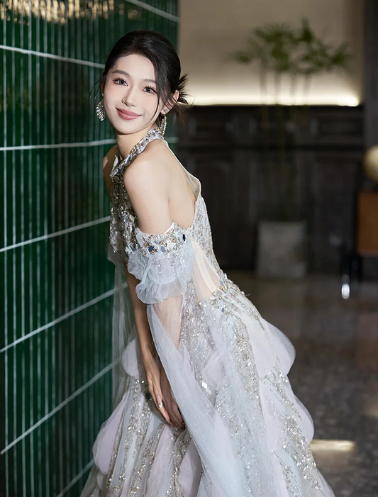 Glitter Evening Dresses Halter Party Dress High-end Shiny Prom Dress A-line Customized Birthday Party Dress