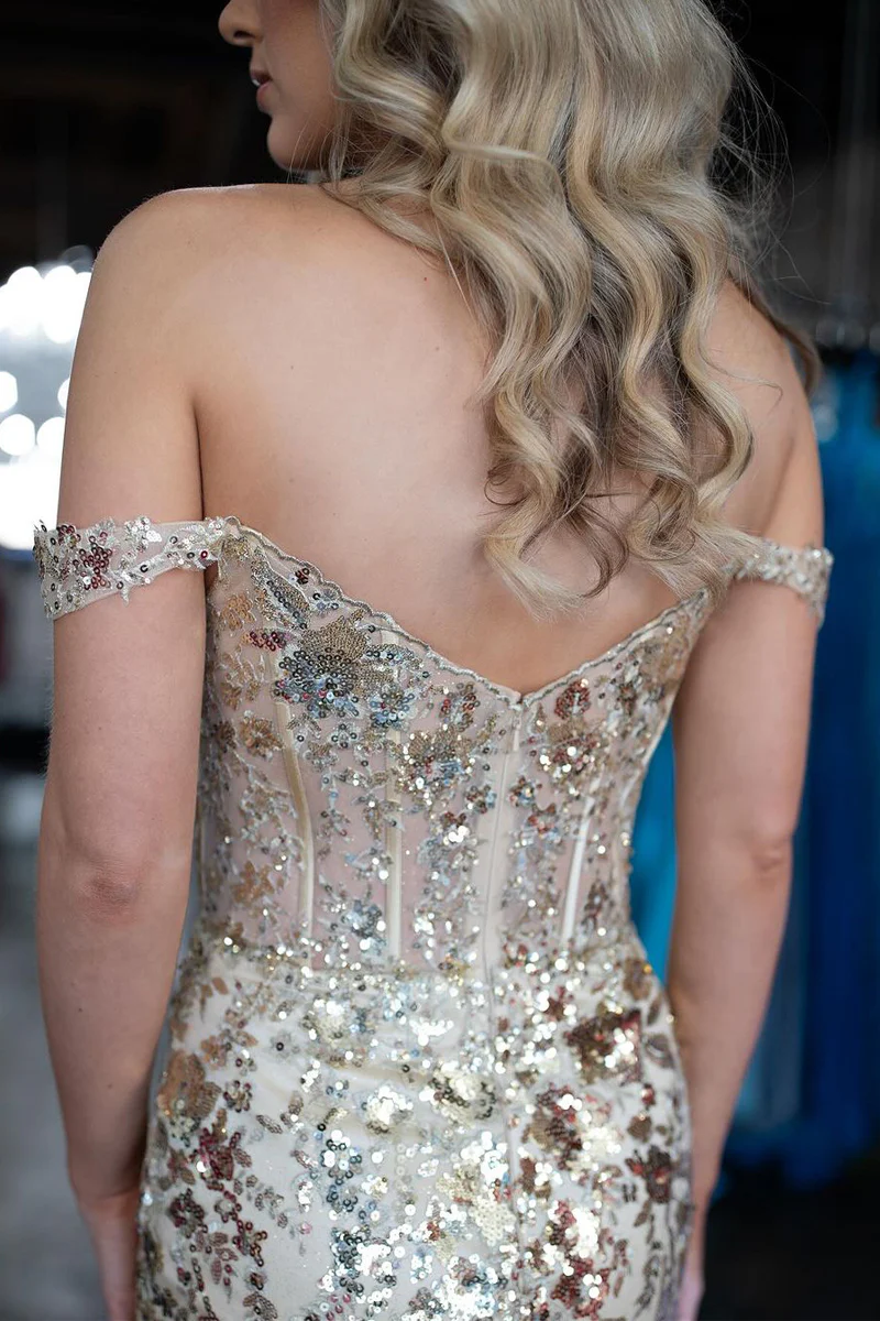 Gold Off the Shoulder Sequins Lace Mermaid Prom Dresses with Slit