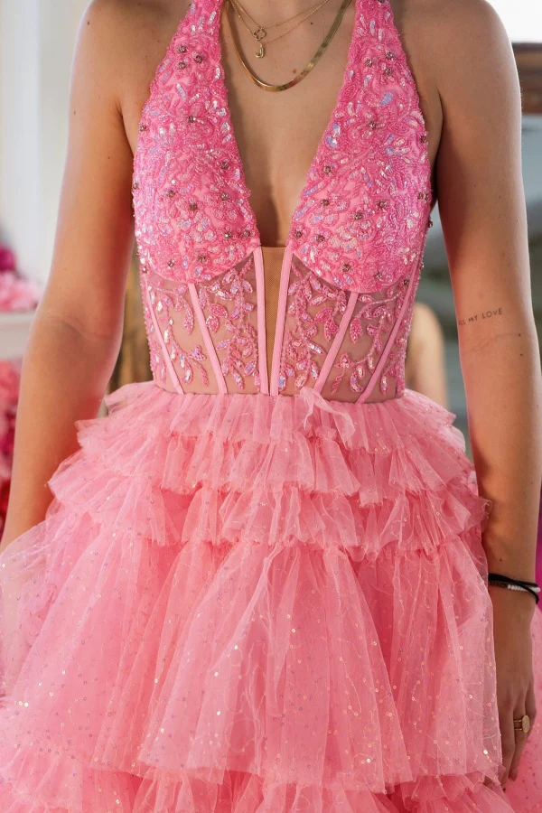 Gorgeous A-Line Low V Neck Halter Sleeveless Beaded Appliques Glitter Tulle Tiered Prom Party Dress Evening Formal Gown Birthday Dress