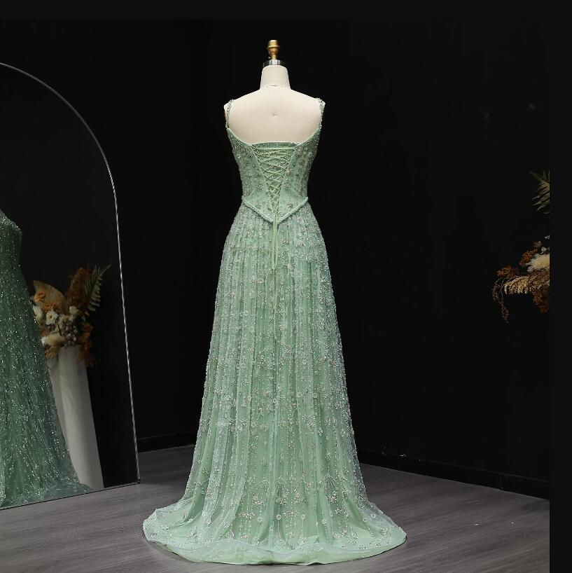 Gorgeous Green Tulle Beading Square Neck A-Line Long Prom Dresses Sweet 16 Evening Gowns