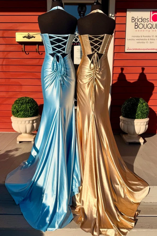 Gorgeous Mermaid Sweetheart Neck Halter Sleeveless Beaded Pleated Lace Up Prom Party Dress Evening Formal Gown with Train