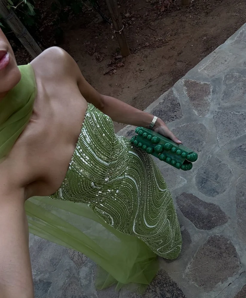 Gorgeous Strapless Apple Green Sequin Long Prom Dress Party Gown With Ribbon