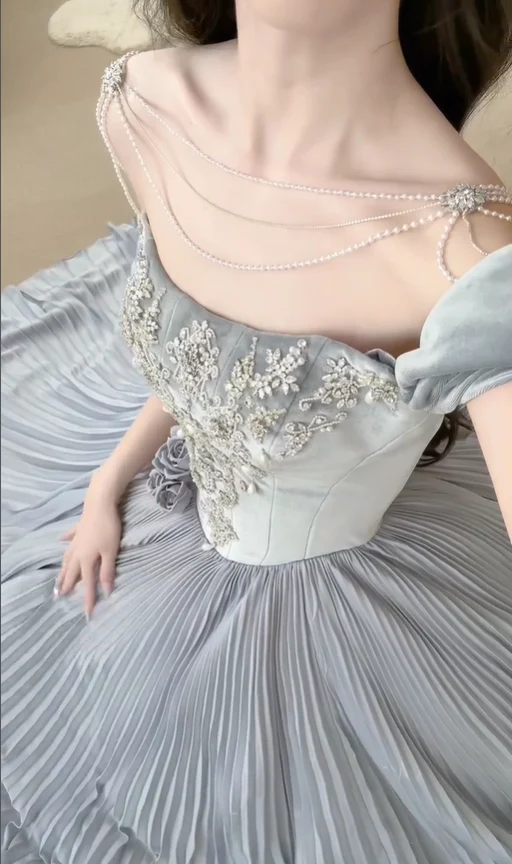 Grey A Line Off the Shoulder Exquisite Beaded Velvet Satin Long Prom Dress