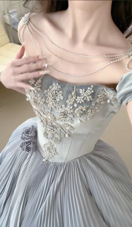 Grey A Line Off the Shoulder Exquisite Beaded Velvet Satin Long Prom Dress