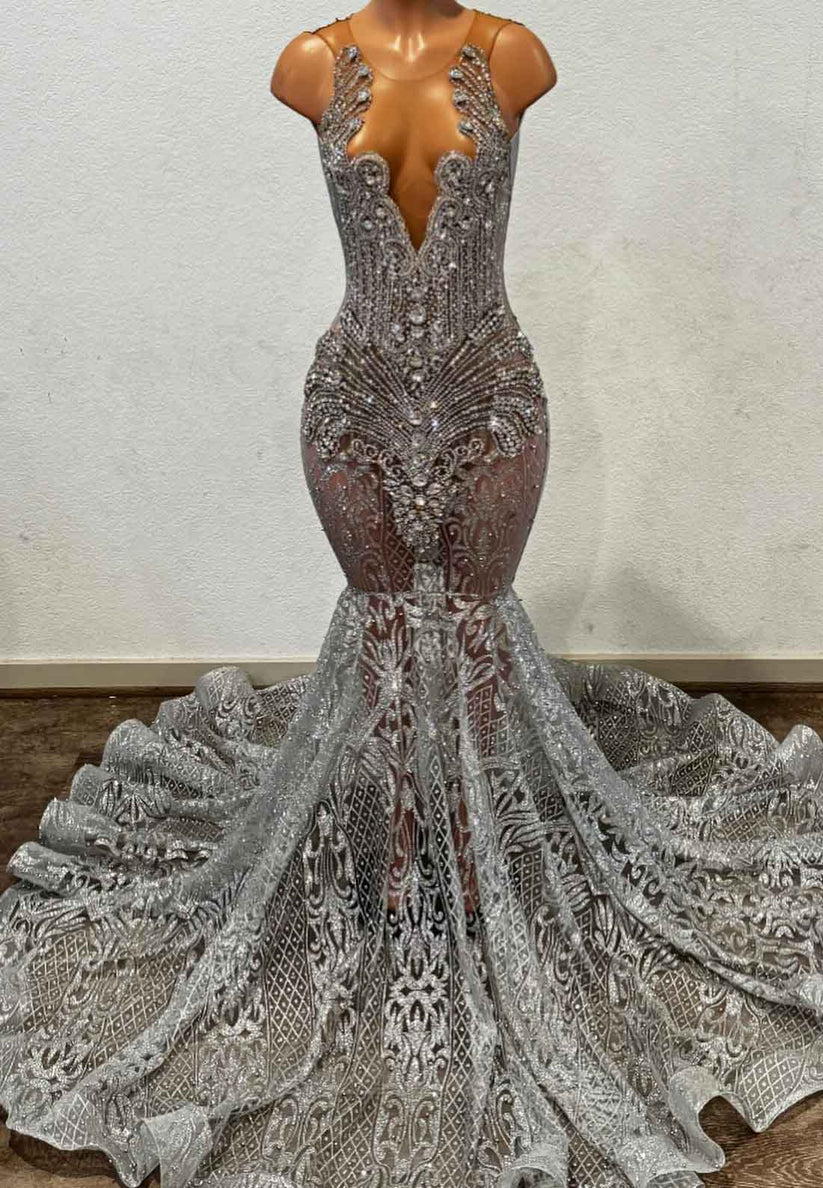 Grey Sparkly Appliques Sheer Beaded Mermaid Prom Dress for Black Girls CHUMUSE Grey Sparkly Appliques Sheer Beaded Mermaid Prom Dress for Black Girls CHUMUSE