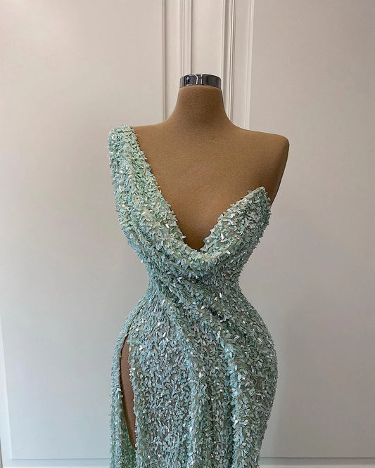 Glitter Arabic Evening Dressing Gowns See Thru Beaded Long Side Split Sexy Women Pageant Prom Party Dresses One Shoulder