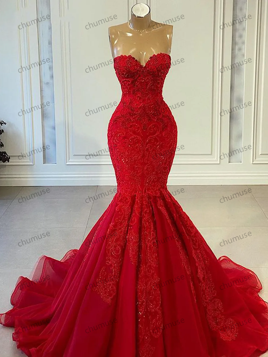 Vestidos de festa longos vermelhos para mulheres africanas, sereia sexy, querida, apliques de contas de luxo, vestidos de festa