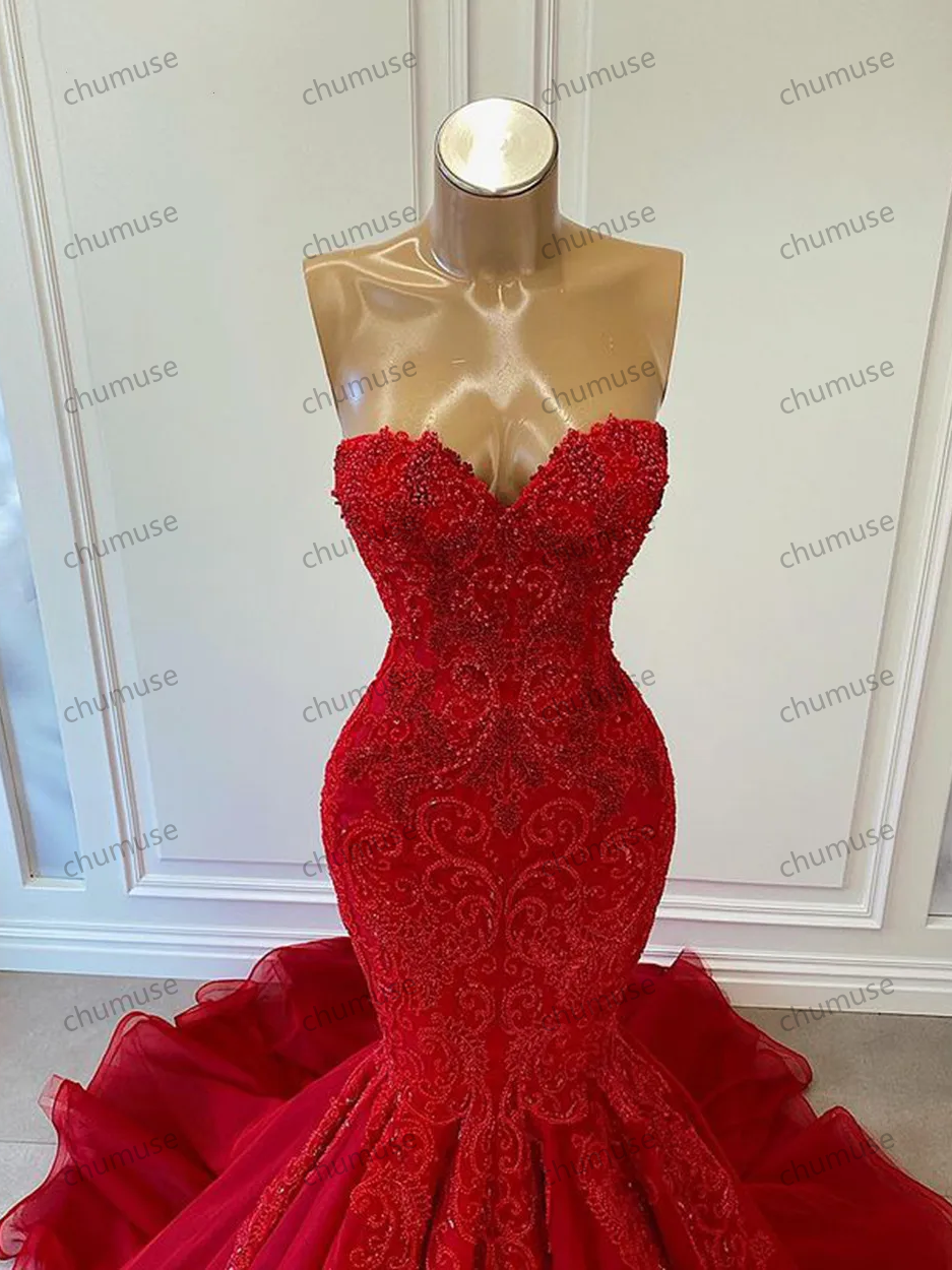 Vestidos de festa longos vermelhos para mulheres africanas, sereia sexy, querida, apliques de contas de luxo, vestidos de festa